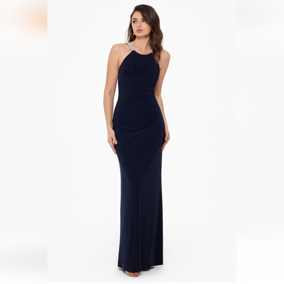 Betsy & Adam Women's Long Halter Neck Sleeveless Gown with Rhinestone Straps - Picture 3 of 4